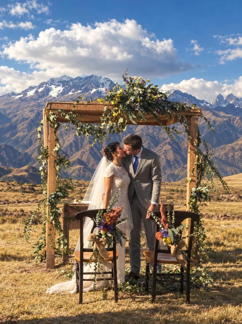 Bride and groom kiss under a flower arch with snowcapped Andean peaks behind