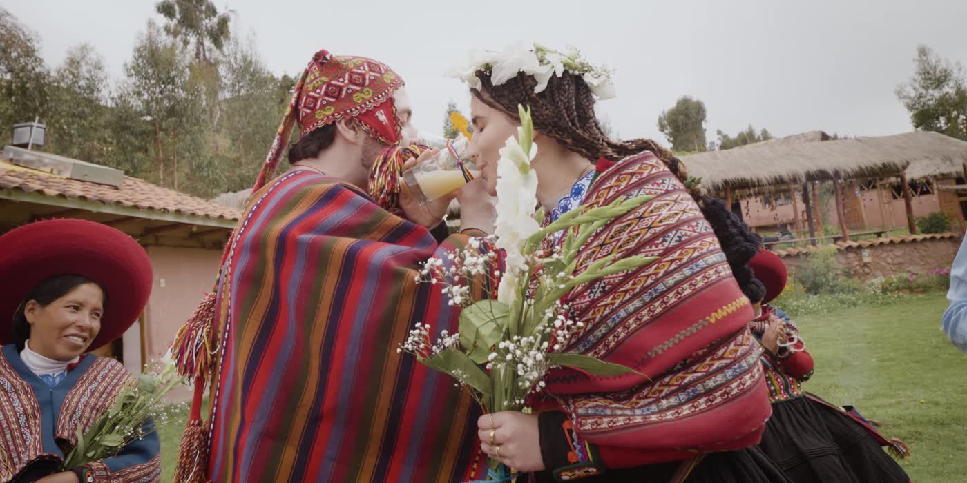 Bride and groom with flower crowns